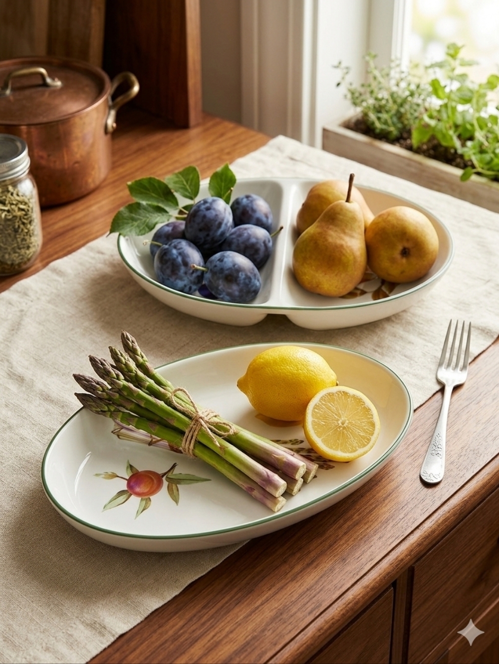 Royal Worcester White and Green Trim Oval and‎ Divided Serving Plates